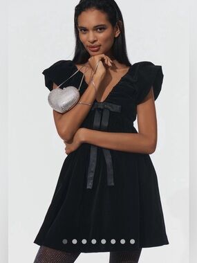 Like New Hutch Anthropologie XLP Black Velvet Mini Dress Puff Sleeve Deep V LBD